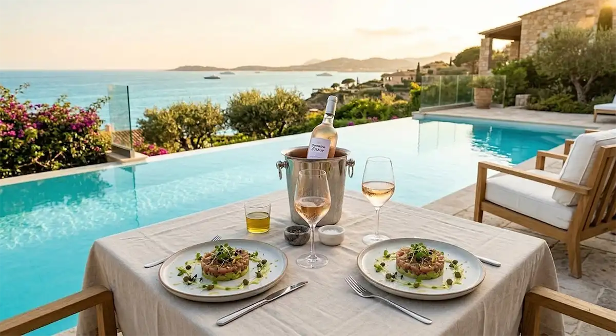 Lunch served by the pool above the sea
