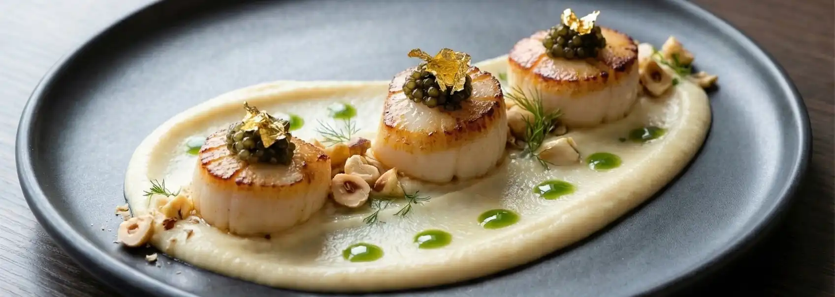 Grilled scallops with a creamy sauce and caviar on a dark plate