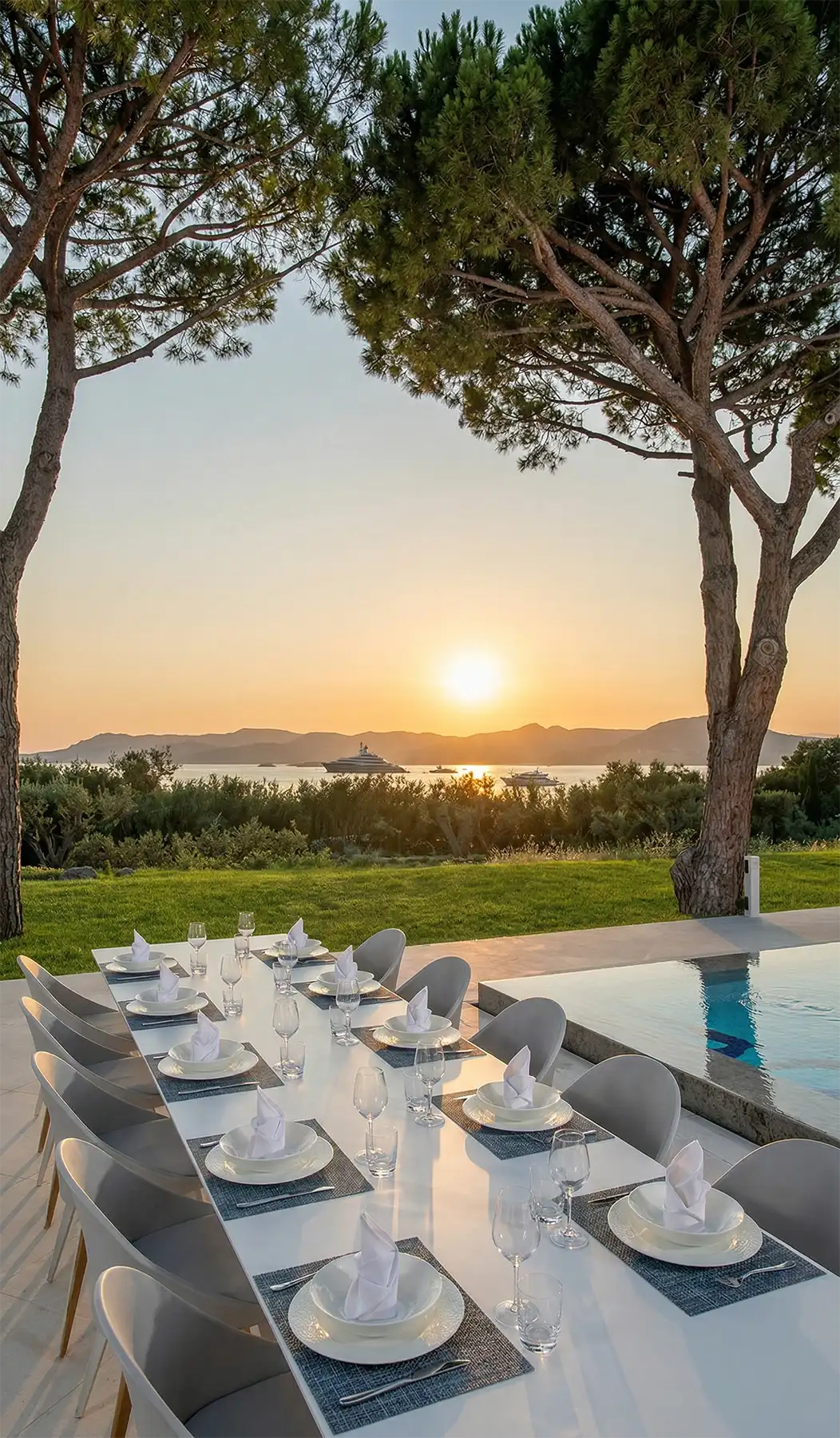 Dinner table set at sunset beneath pine trees in Saint-Tropez